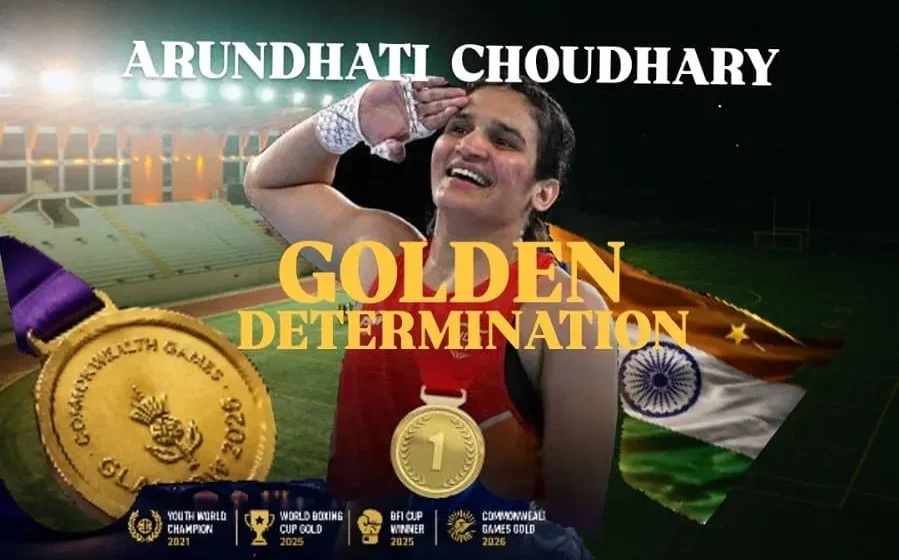 Arundhati Choudhary celebrates after winning the 2026 Commonwealth Games boxing gold medal in Glasgow.