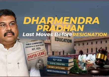 Dharmendra Pradhan Resignation featured image showing the former Education Minister alongside the Ministry of Education, Public Examinations Act 2024, paper leak document, and education reforms.