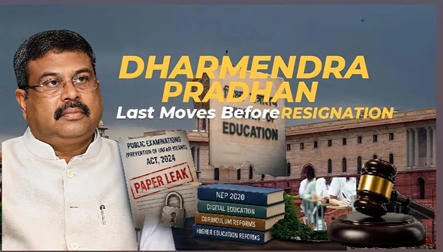 Dharmendra Pradhan Resignation featured image showing the former Education Minister alongside the Ministry of Education, Public Examinations Act 2024, paper leak document, and education reforms.