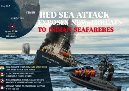 India-flagged vessel MSV Faize Noore Oliya sinks in the Red Sea after an attack off Yemen as the Yemeni Coast Guard rescues Indian seafarers.