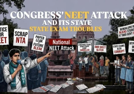 Exam Scam controversy in India showing NEET protests, paper leak allegations, and political debate over examination transparency