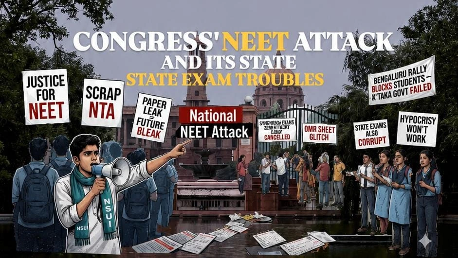 Exam Scam controversy in India showing NEET protests, paper leak allegations, and political debate over examination transparency
