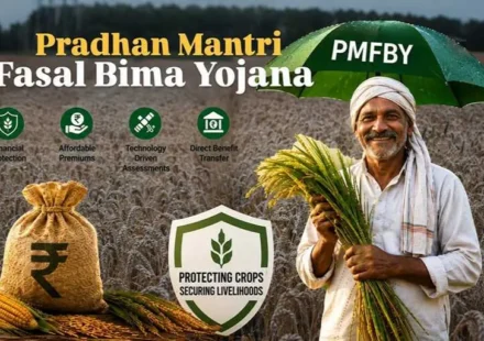 Pradhan Mantri Fasal Bima Yojana (PMFBY) featured image showing an Indian farmer with crop insurance protection, financial support, and modern farming benefits.