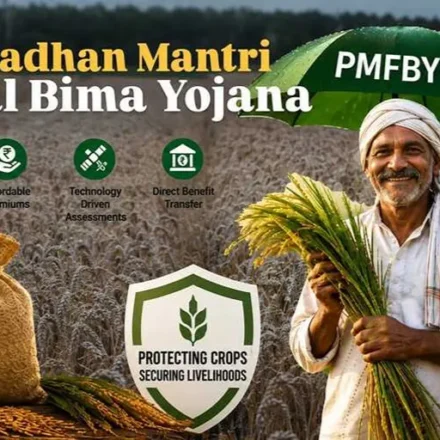 Pradhan Mantri Fasal Bima Yojana (PMFBY) featured image showing an Indian farmer with crop insurance protection, financial support, and modern farming benefits.