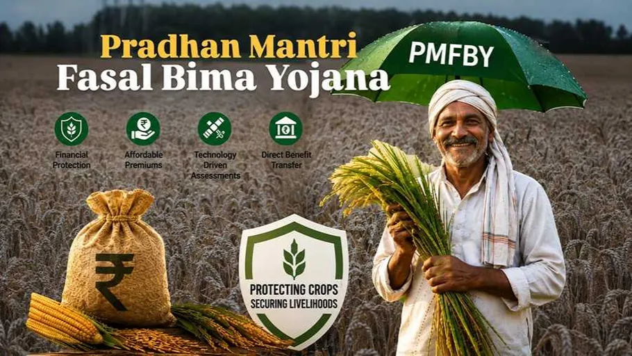 Pradhan Mantri Fasal Bima Yojana (PMFBY) featured image showing an Indian farmer with crop insurance protection, financial support, and modern farming benefits.