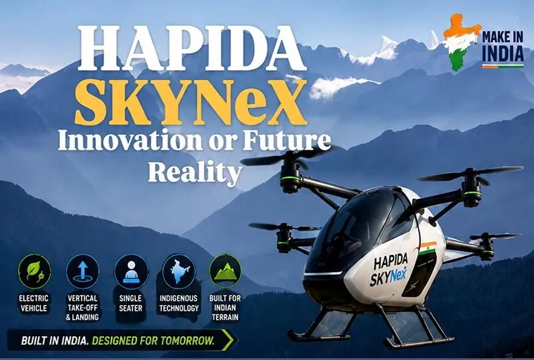 HAPIDA SKYNeX, India's first indigenous personal flying vehicle prototype developed by Ravi Tamta, showcased with electric VTOL technology in Uttarakhand.