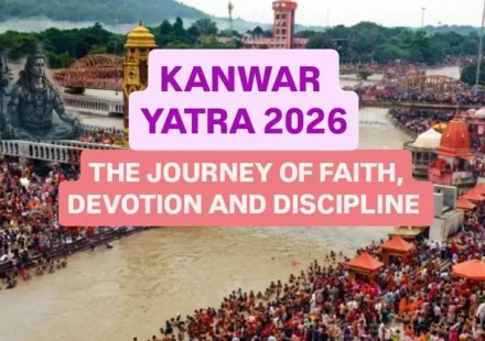Kanwar Yatra 2026 devotees gathering near the Ganga River during the Hindu pilgrimage with Shiva temple views