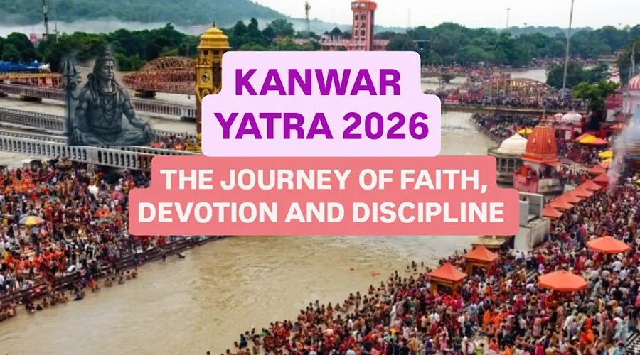 Kanwar Yatra 2026 devotees gathering near the Ganga River during the Hindu pilgrimage with Shiva temple views