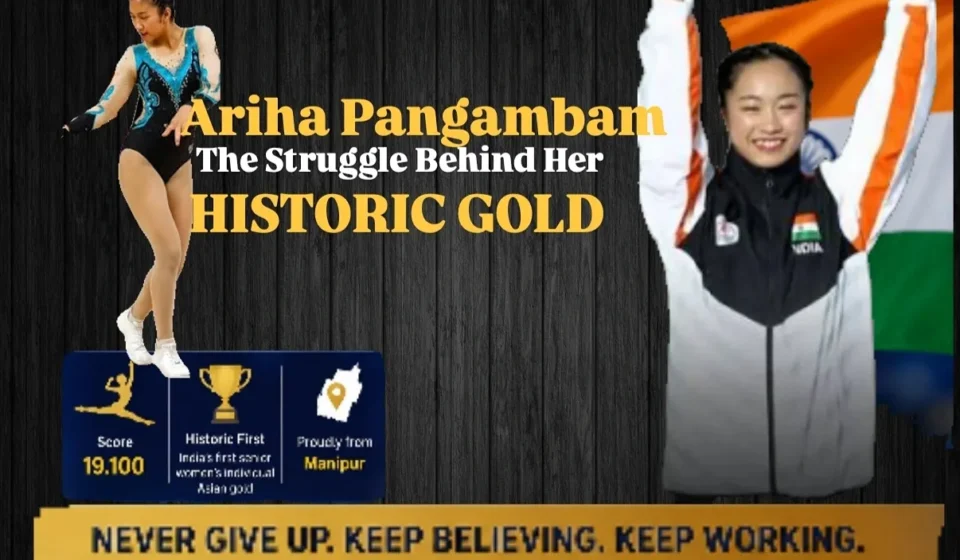 Ariha Pangambam celebrating her historic gold medal in Asian Aerobic Gymnastics