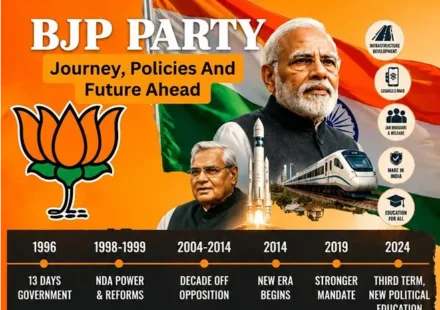 BJP Party journey from political struggle to national power featuring Narendra Modi, Atal Bihari Vajpayee, BJP symbol, infrastructure and electoral milestones