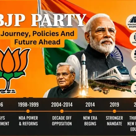 BJP Party journey from political struggle to national power featuring Narendra Modi, Atal Bihari Vajpayee, BJP symbol, infrastructure and electoral milestones