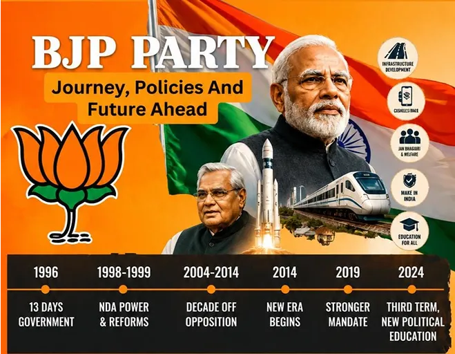 BJP Party journey from political struggle to national power featuring Narendra Modi, Atal Bihari Vajpayee, BJP symbol, infrastructure and electoral milestones