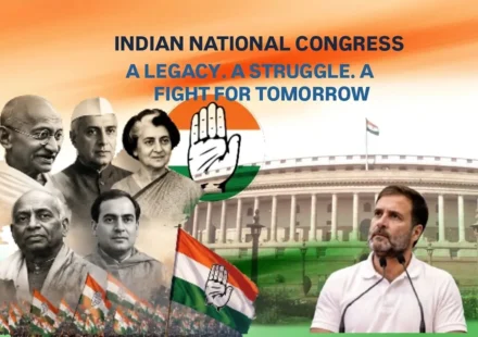 Indian National Congress feature image showing Congress history, freedom movement leaders, party symbol, Parliament and political future analysis
