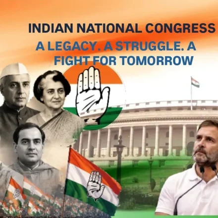 Indian National Congress feature image showing Congress history, freedom movement leaders, party symbol, Parliament and political future analysis