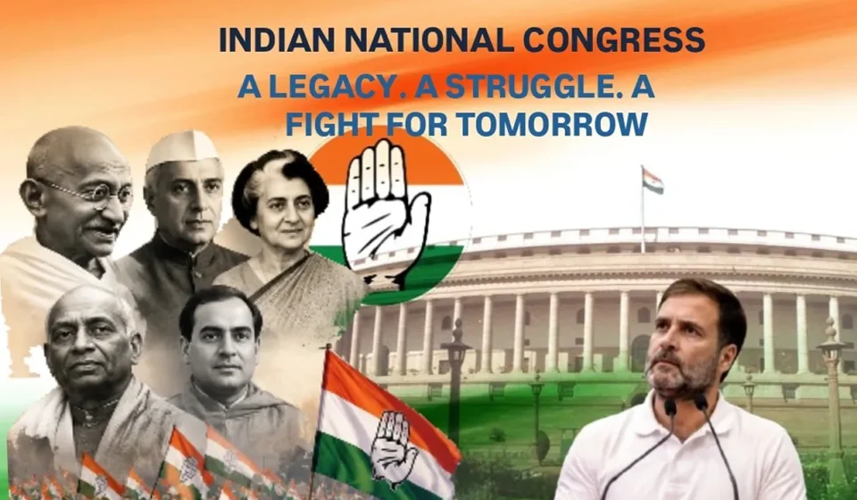 Indian National Congress feature image showing Congress history, freedom movement leaders, party symbol, Parliament and political future analysis