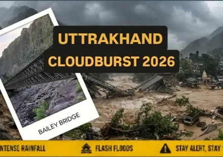 Uttarakhand cloudburst 2026 causing flash floods and damage to a Bailey Bridge amid intense rainfall