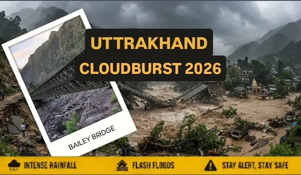 Uttarakhand cloudburst 2026 causing flash floods and damage to a Bailey Bridge amid intense rainfall