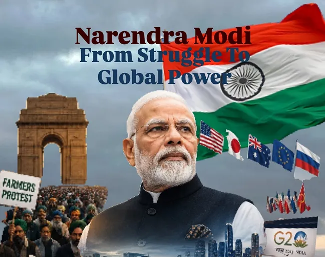 Narendra Modi with the Indian flag, India Gate, global flags, farmers’ protest and G20 imagery