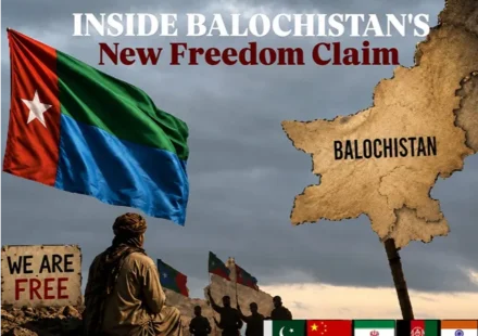 Balochistan independence claim shown with Baloch flag, map and regional flags