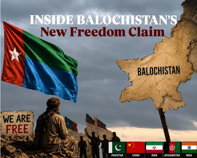 Balochistan independence claim shown with Baloch flag, map and regional flags
