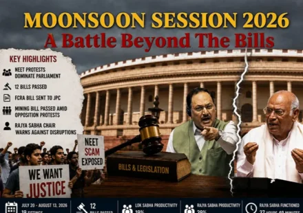 Monsoon Session 2026 showing Indian Parliament, NEET protests, Bills passed and Opposition confrontation