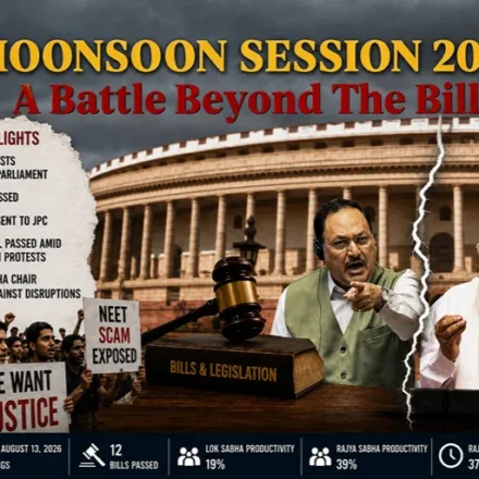Monsoon Session 2026 showing Indian Parliament, NEET protests, Bills passed and Opposition confrontation