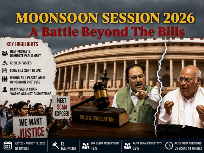 Monsoon Session 2026 showing Indian Parliament, NEET protests, Bills passed and Opposition confrontation