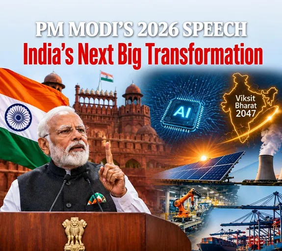 PM Modi’s 2026 Speech highlighting India’s transformation, AI, energy, manufacturing and Viksit Bharat 2047