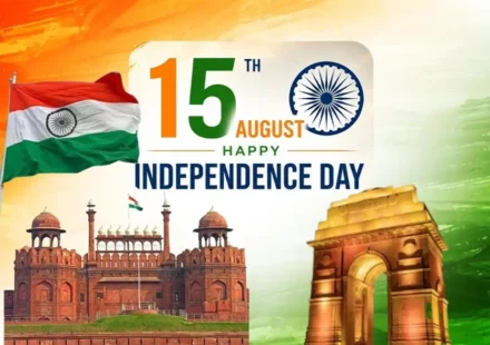 India Independence Day 15 August graphic featuring the Indian national flag, Red Fort and India Gate