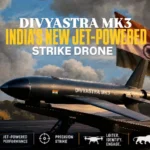 Divyastra Mk3 jet-powered strike drone displayed with the Indian flag