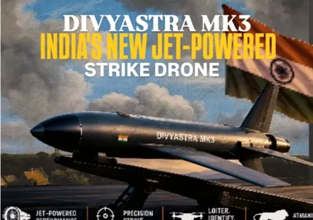 Divyastra Mk3 jet-powered strike drone displayed with the Indian flag