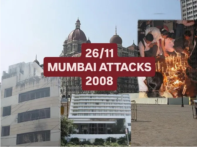 26/11 Mumbai attacks 2008 featuring the Taj Mahal Palace Hotel and memorial tribute