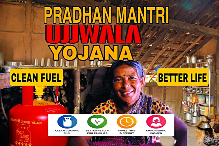 Pradhan Mantri Ujjwala Yojana (PMUY) beneficiary with LPG cylinder highlighting clean cooking and women empowerment