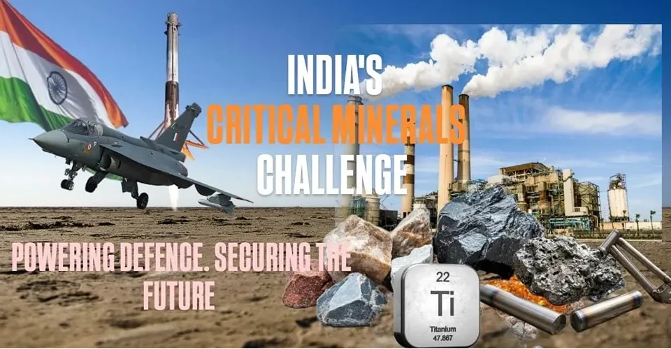 India’s critical minerals challenge showing a fighter jet, titanium, mineral resources and industrial processing facilities