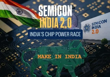 Semicon India 2.0 highlighting India’s semiconductor ambitions with a futuristic chip, technology network and semiconductor manufacturing ecosystem