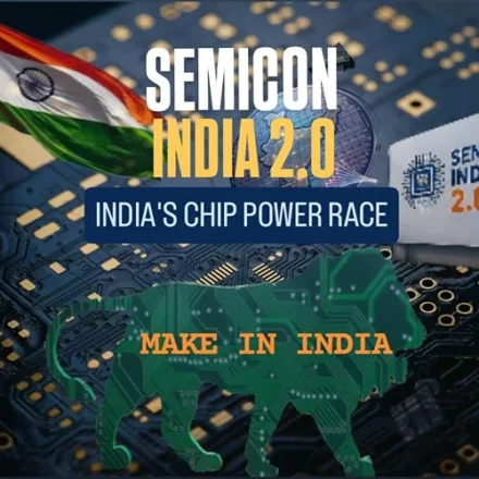 Semicon India 2.0 highlighting India’s semiconductor ambitions with a futuristic chip, technology network and semiconductor manufacturing ecosystem