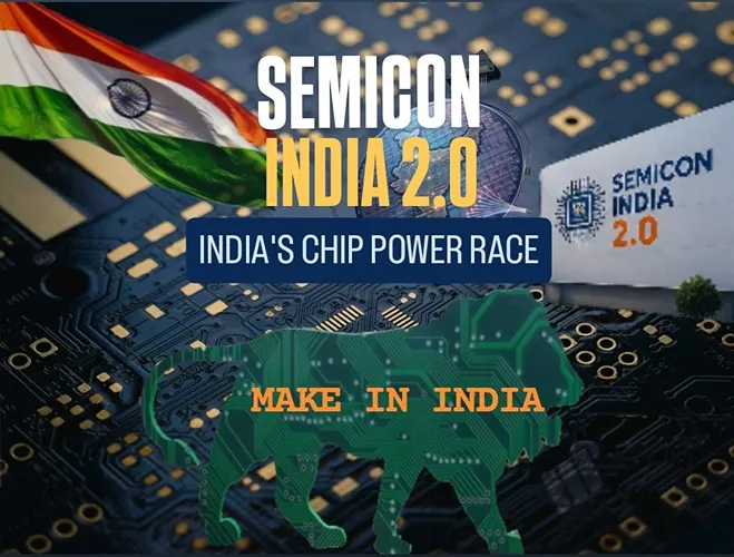Semicon India 2.0 highlighting India’s semiconductor ambitions with a futuristic chip, technology network and semiconductor manufacturing ecosystem
