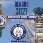 India Census 2027 featuring the map of India, Census of India logo, and new Parliament building