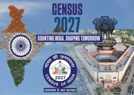 India Census 2027 featuring the map of India, Census of India logo, and new Parliament building