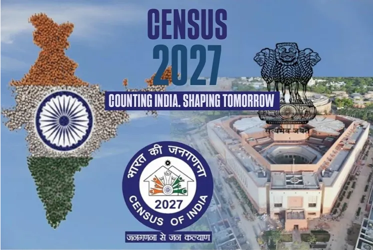 India Census 2027 featuring the map of India, Census of India logo, and new Parliament building