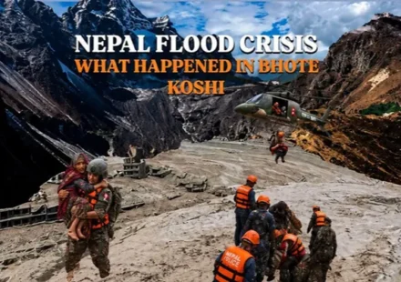 Nepal Flood Crisis in Bhote Koshi with rescue teams and severe flood damage