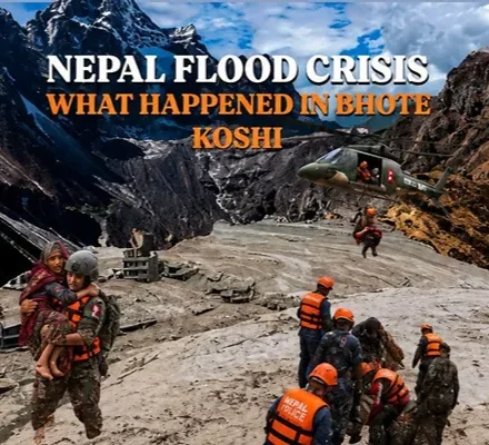 Nepal Flood Crisis in Bhote Koshi with rescue teams and severe flood damage