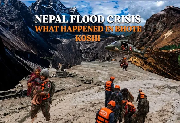 Nepal Flood Crisis in Bhote Koshi with rescue teams and severe flood damage