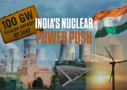 India’s nuclear power push towards 100 GW capacity by 2047, featuring nuclear reactors, solar panels, wind turbines and the Indian flag.
