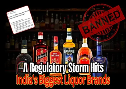FSSAI Liquor Crackdown featured image showing Old Monk, McDowell's, Royal Challenge, Bagpiper, Old Cask and Antiquity Blue liquor bottles under regulatory scrutiny.