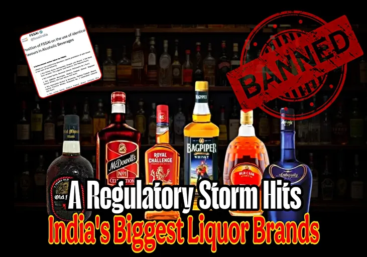 FSSAI Liquor Crackdown featured image showing Old Monk, McDowell's, Royal Challenge, Bagpiper, Old Cask and Antiquity Blue liquor bottles under regulatory scrutiny.