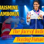 Jaismine Lamboria posing with her gold medal alongside a boxing action background, highlighting her rise as one of India's leading female boxers.