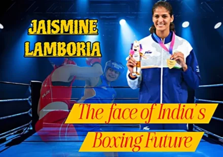 Jaismine Lamboria posing with her gold medal alongside a boxing action background, highlighting her rise as one of India's leading female boxers.