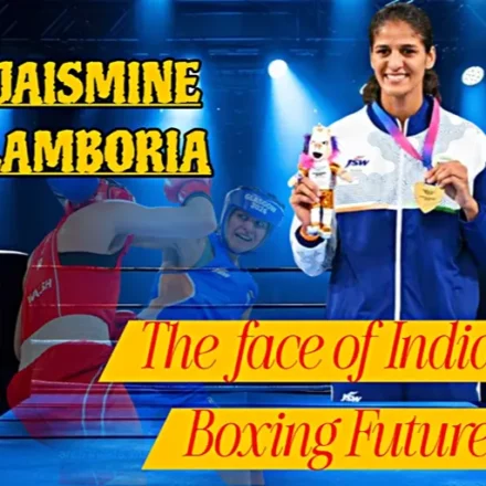 Jaismine Lamboria posing with her gold medal alongside a boxing action background, highlighting her rise as one of India's leading female boxers.