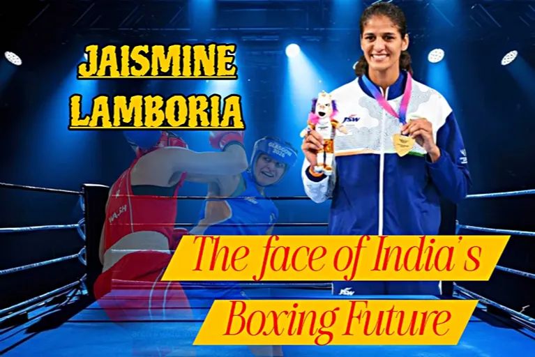 Jaismine Lamboria posing with her gold medal alongside a boxing action background, highlighting her rise as one of India's leading female boxers.